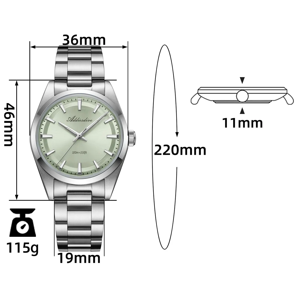 Montre Addiesdive AD2066 Quartz 36 mm – Menthe vert / VH31