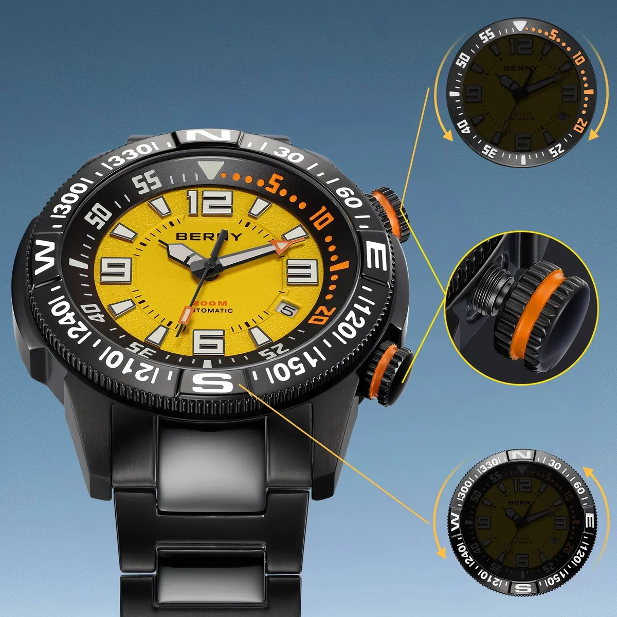 Montre Berny AM164MS-BLK – Jaune / Acier inoxydable