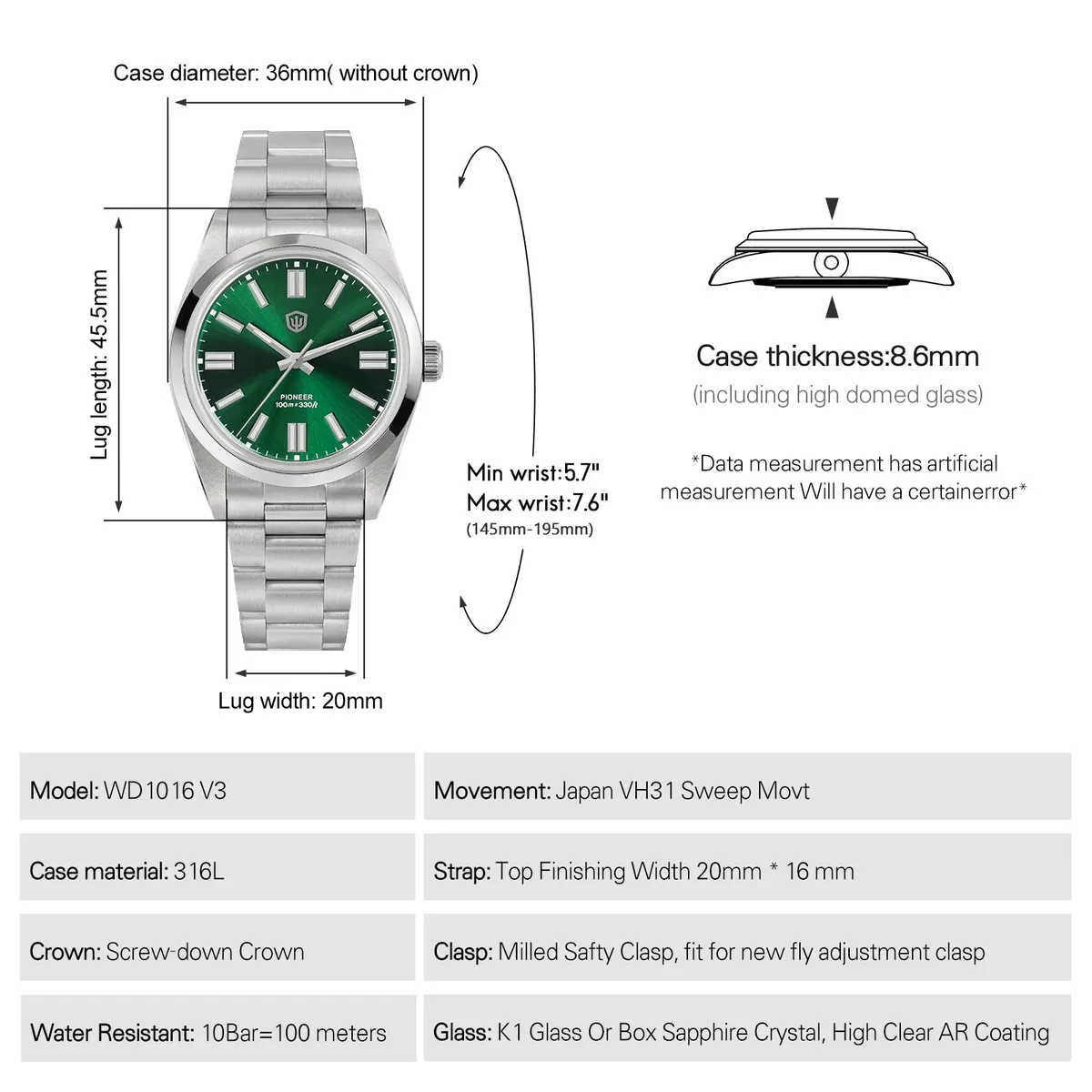 Montre Watchdives WD1016B Quartz 37 mm – Verre saphir