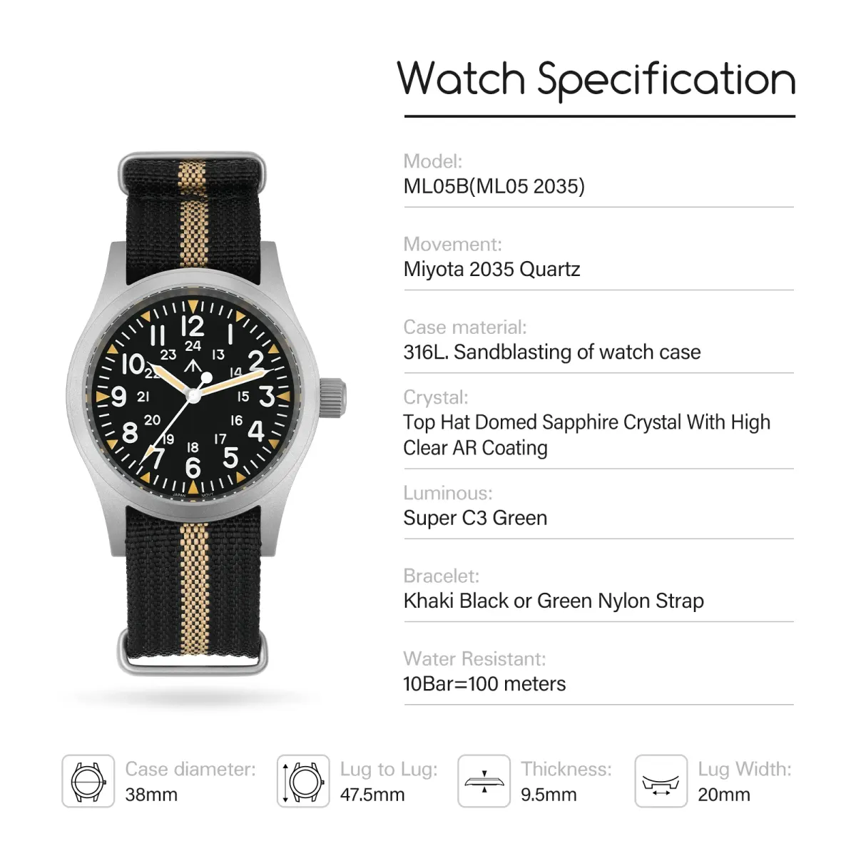 Montre Militado ML05B Quartz 38 mm – Version 5