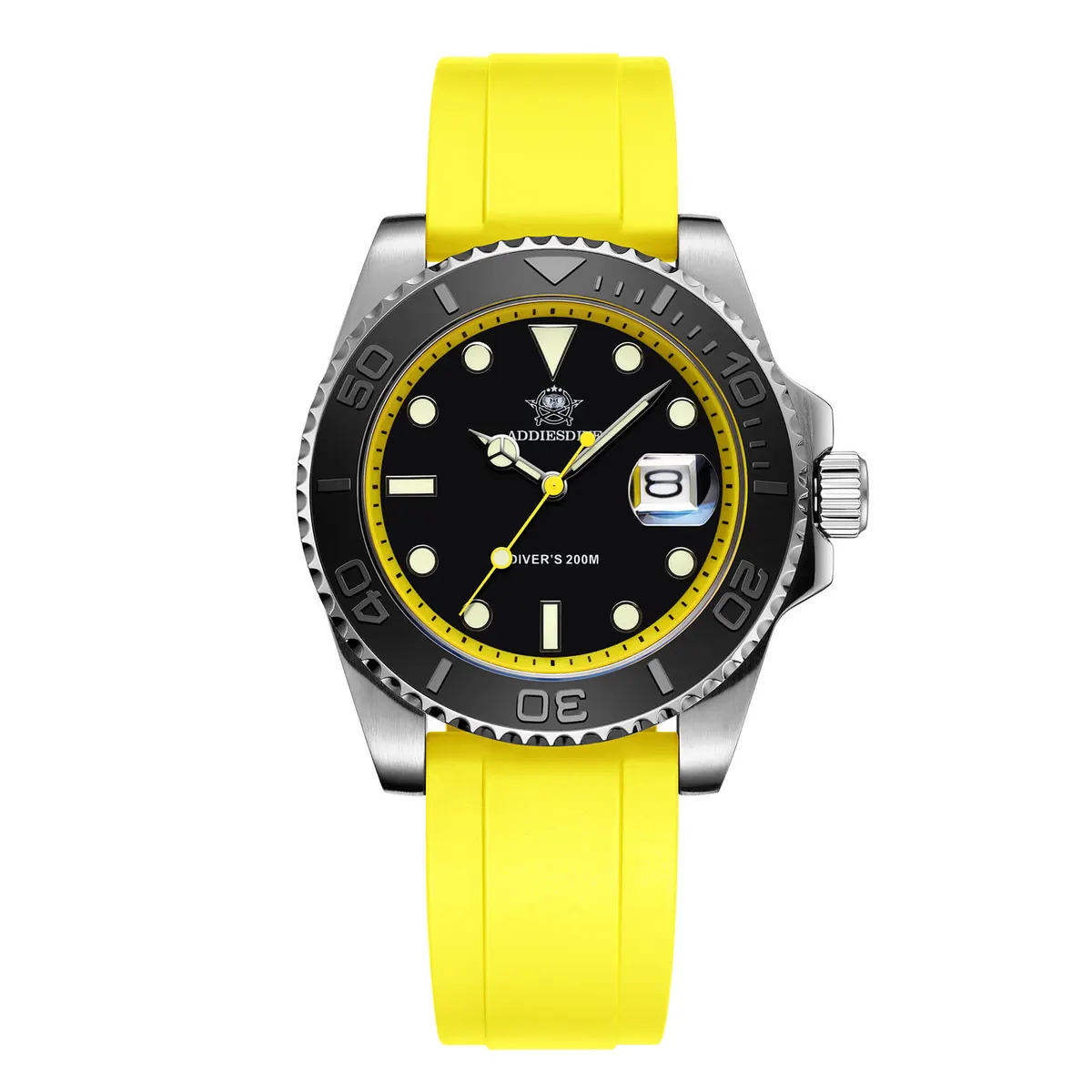 Montre Addiesdive AD2040 Quartz 41 mm – Jaune / Noir / Bracelet caoutchouc