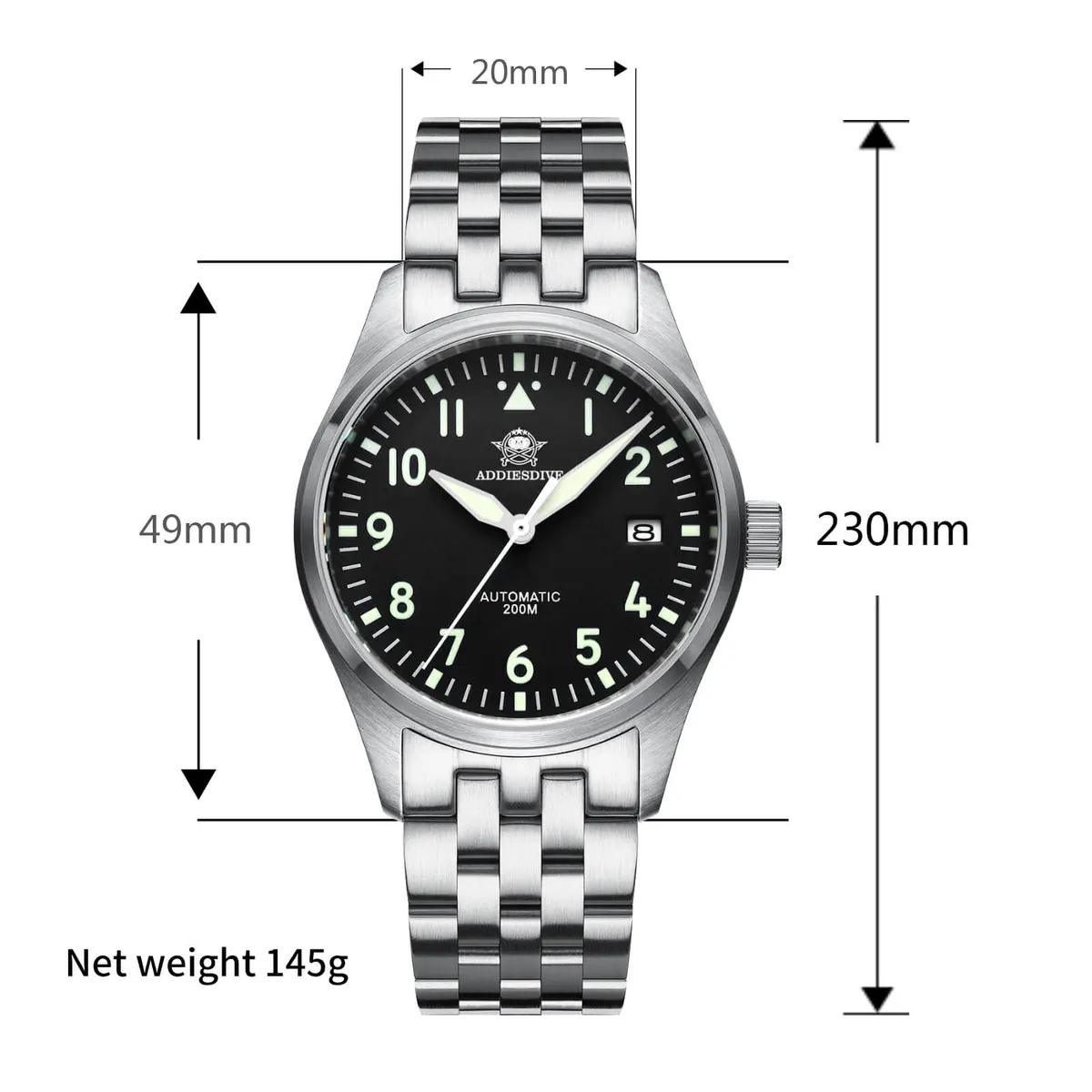 Montre Addiesdive Automatique 39 mm – Noir / Bracelet acier / NH35