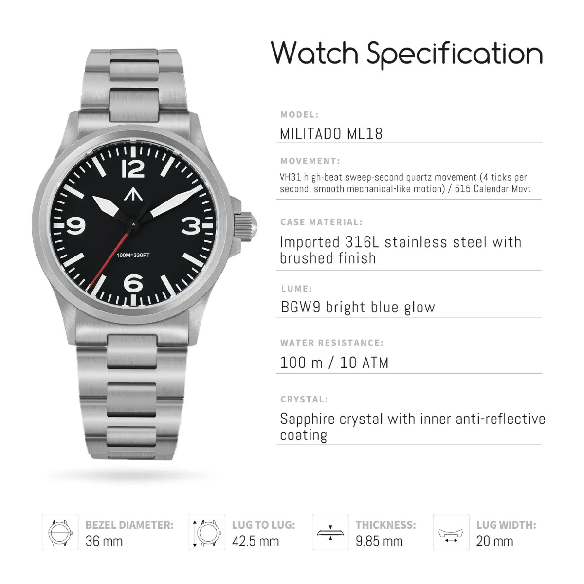 Montre Militado ML18 Quartz 36 mm – Version 3