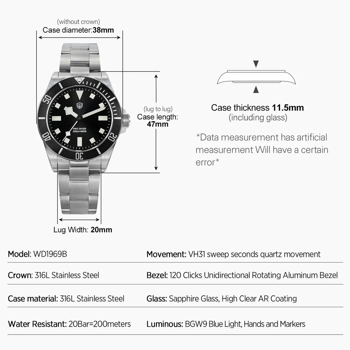 Montre Watchdives WD1969B Quartz 38 mm – Version 2