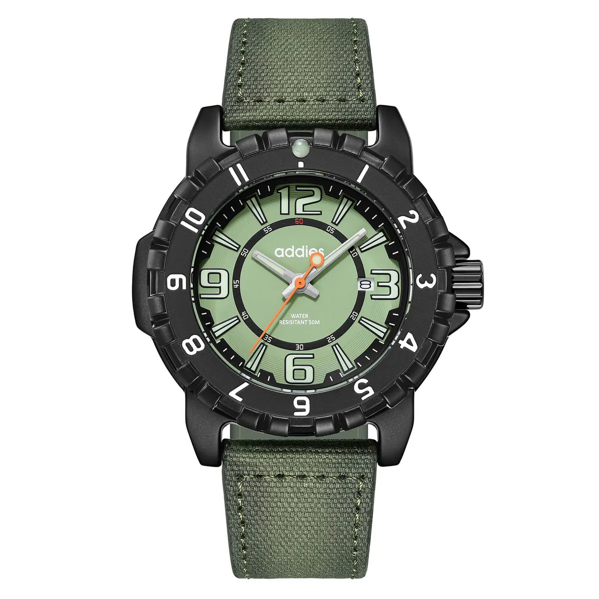 Montre Addiesdive MY-057 Quartz 47,5 mm – Boîtier noir · Lunette noire · Cadran vert · Bracelet vert