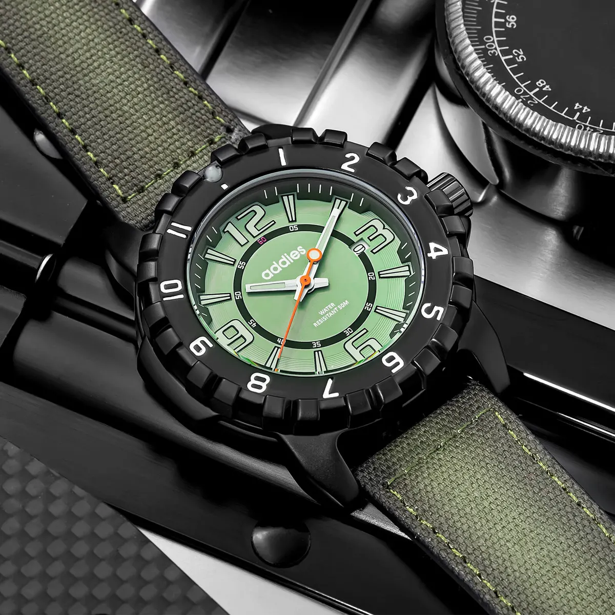 Montre Addiesdive MY-057 – Boîtier noir · Lunette noire · Cadran vert · Bracelet vert