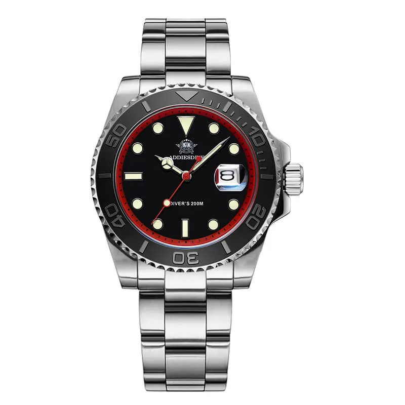 Montre Addiesdive AD2040 Quartz 41 mm – Rouge / Noir / Bracelet acier