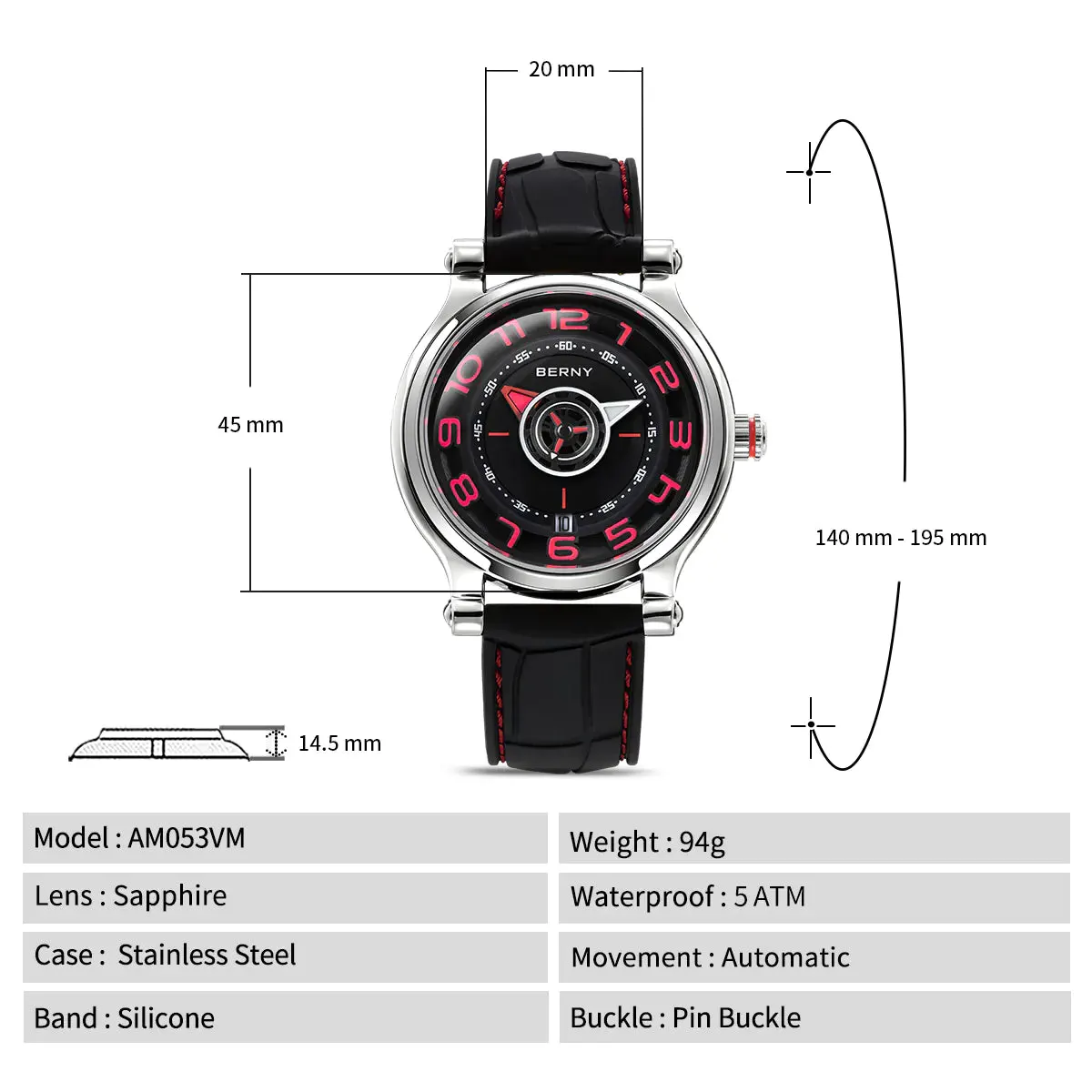 Montre Berny AM053VM Automatique – Rouge / Argent