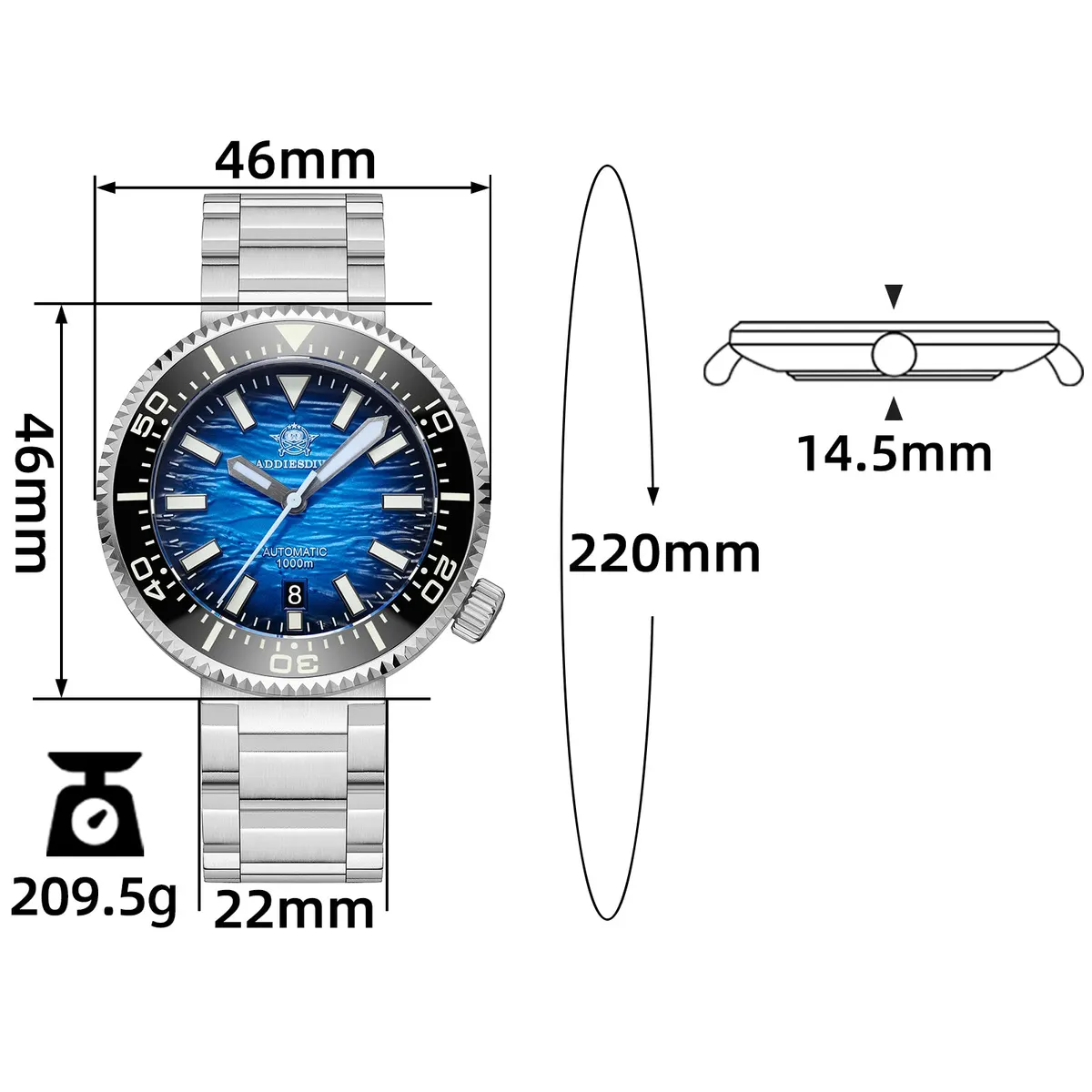 Montre Addiesdive AD2069 Automatique 46 mm – Bleu / 8215
