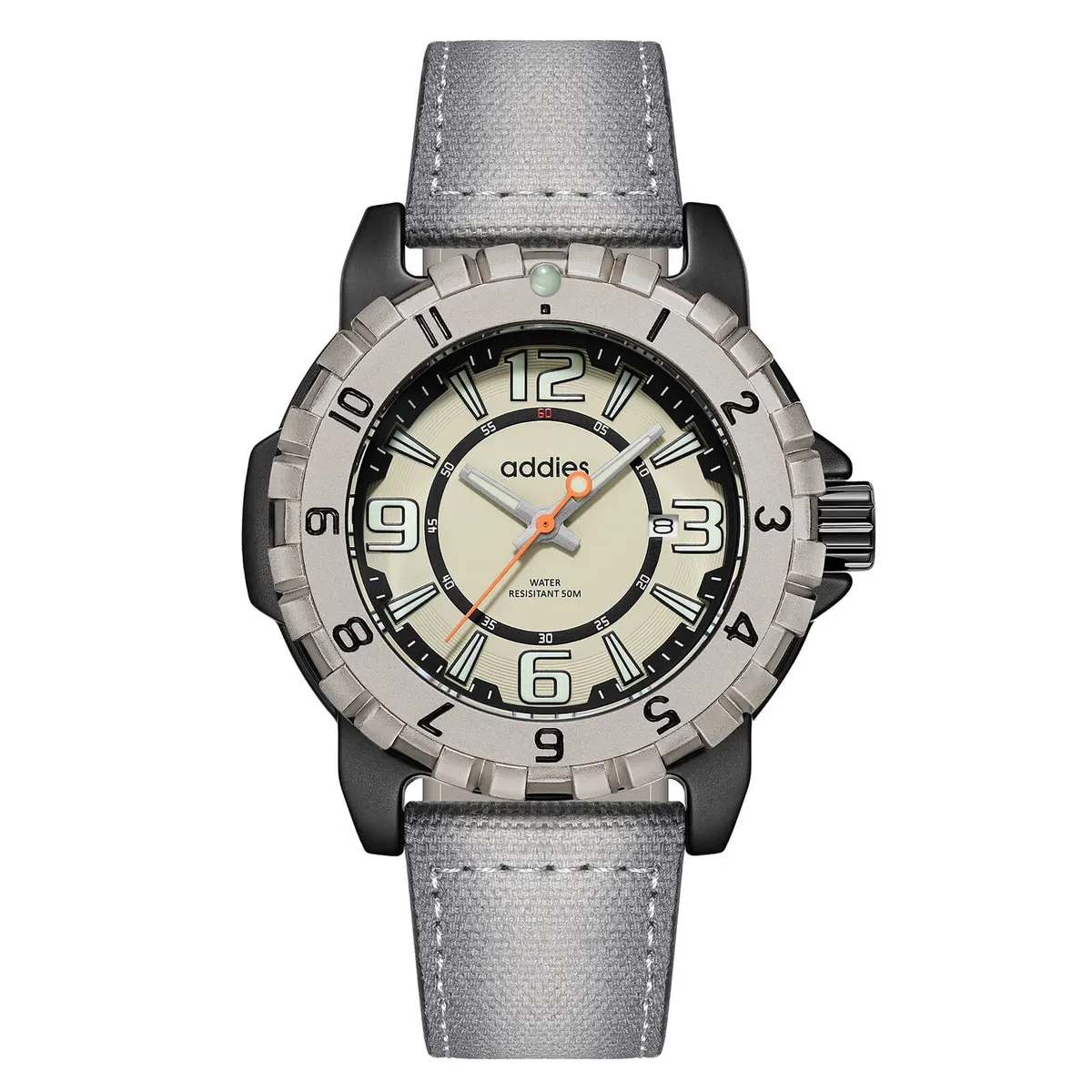 Montre Addiesdive MY-057 Quartz 47,5 mm – Boîtier noir · Titane · Cadran kaki · Bracelet blanc